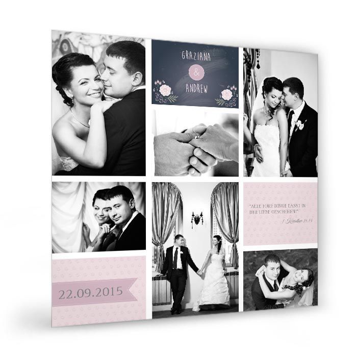Fotocollage zur Hochzeit im rosa Vintage Design mit blüten